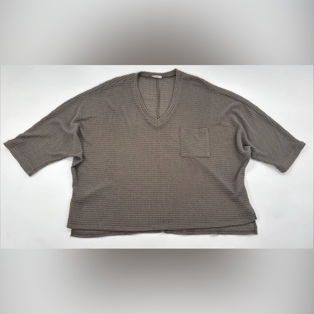 Jodifl Oversized V-Neck Tunic Sweater Waffle Knit Womens Small Boho Tan Pocket